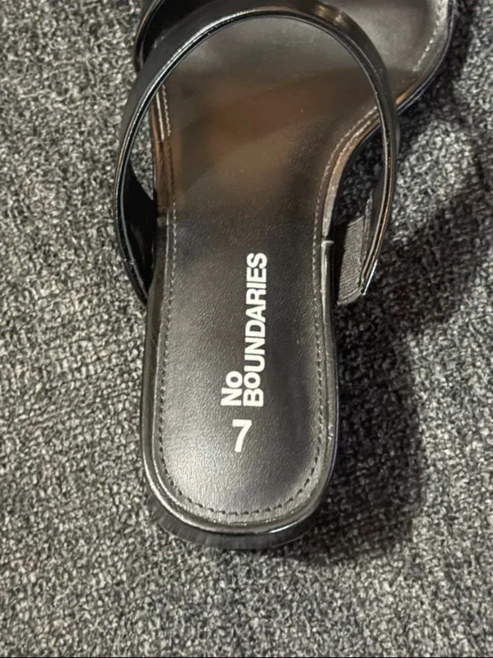 No Boundaries Black Patent Slide Sandals with Gold Accent Bar